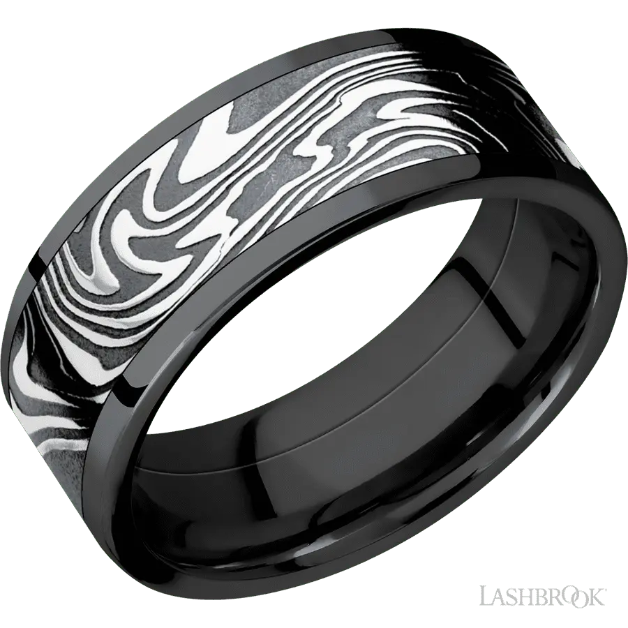 8 mm wide/Flat/Zirconium band with one 6 mm Centered inlay of Kinetic.