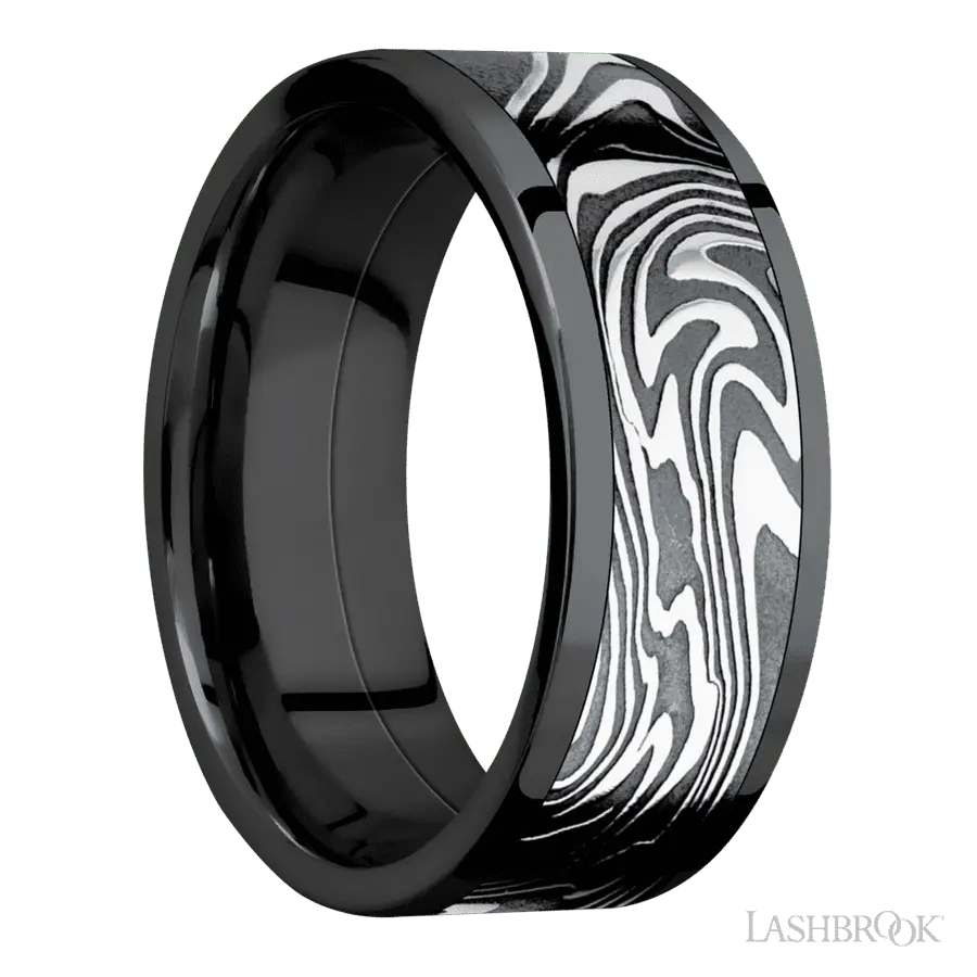8 mm wide/Flat/Zirconium band with one 6 mm Centered inlay of Kinetic.