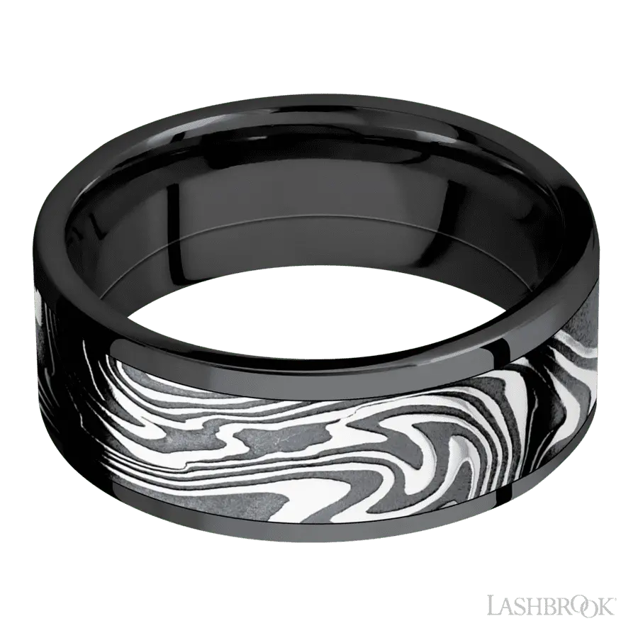 8 mm wide/Flat/Zirconium band with one 6 mm Centered inlay of Kinetic.