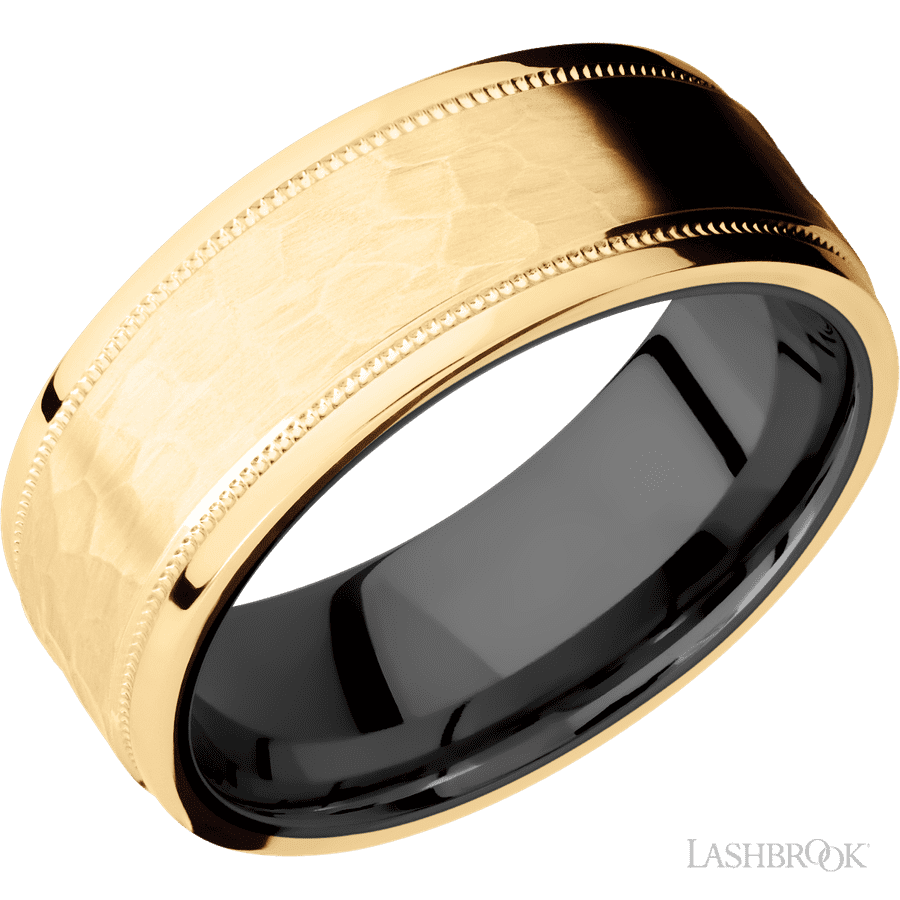 8 mm wide Flat Stepped Edges Milgrain 14K Yellow Gold band featuring a Zirconium sleeve.