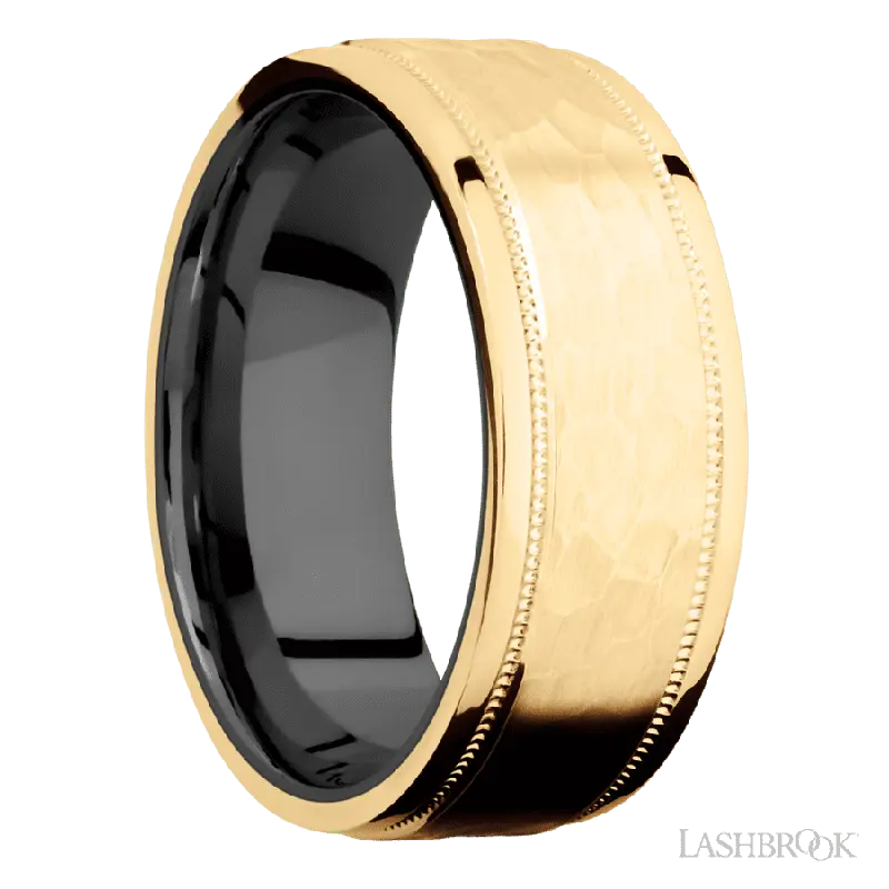 8 mm wide Flat Stepped Edges Milgrain 14K Yellow Gold band featuring a Zirconium sleeve.