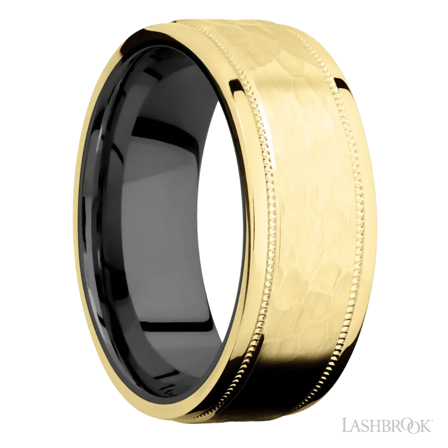 8 mm wide Flat Stepped Edges Milgrain 14K Yellow Gold band featuring a Zirconium sleeve.