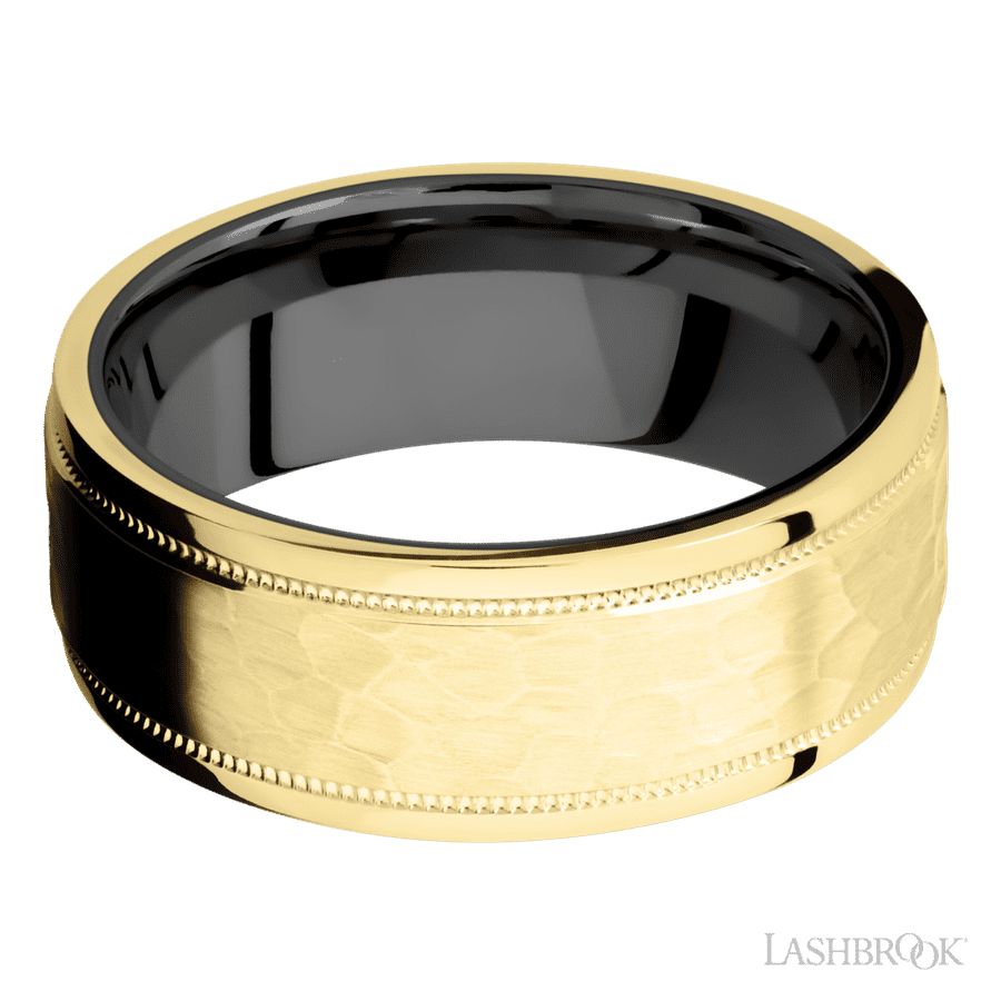 8 mm wide Flat Stepped Edges Milgrain 14K Yellow Gold band featuring a Zirconium sleeve.