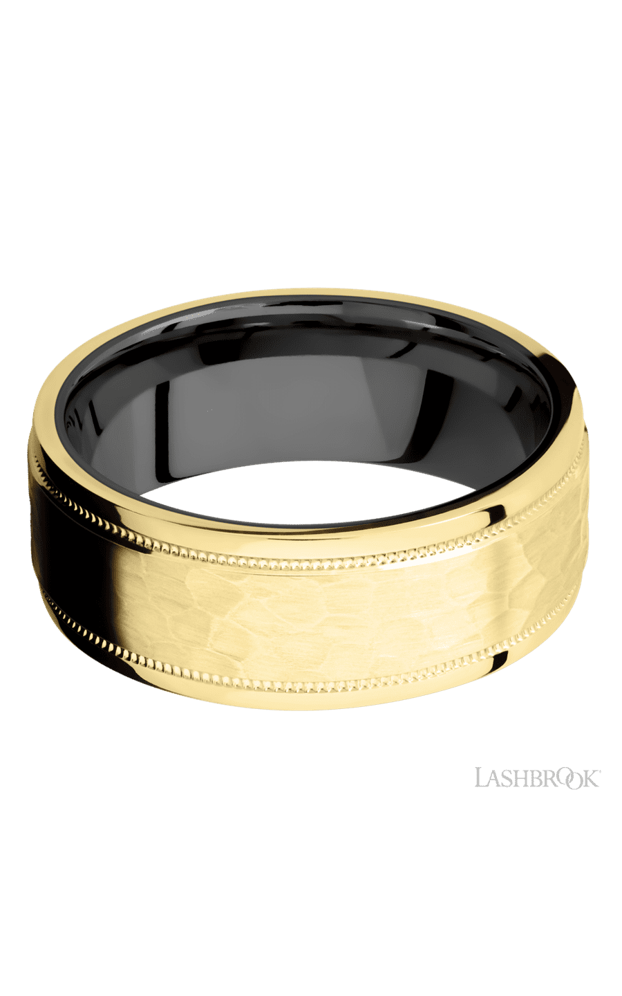 8 mm wide Flat Stepped Edges Milgrain 14K Yellow Gold band featuring a Zirconium sleeve.