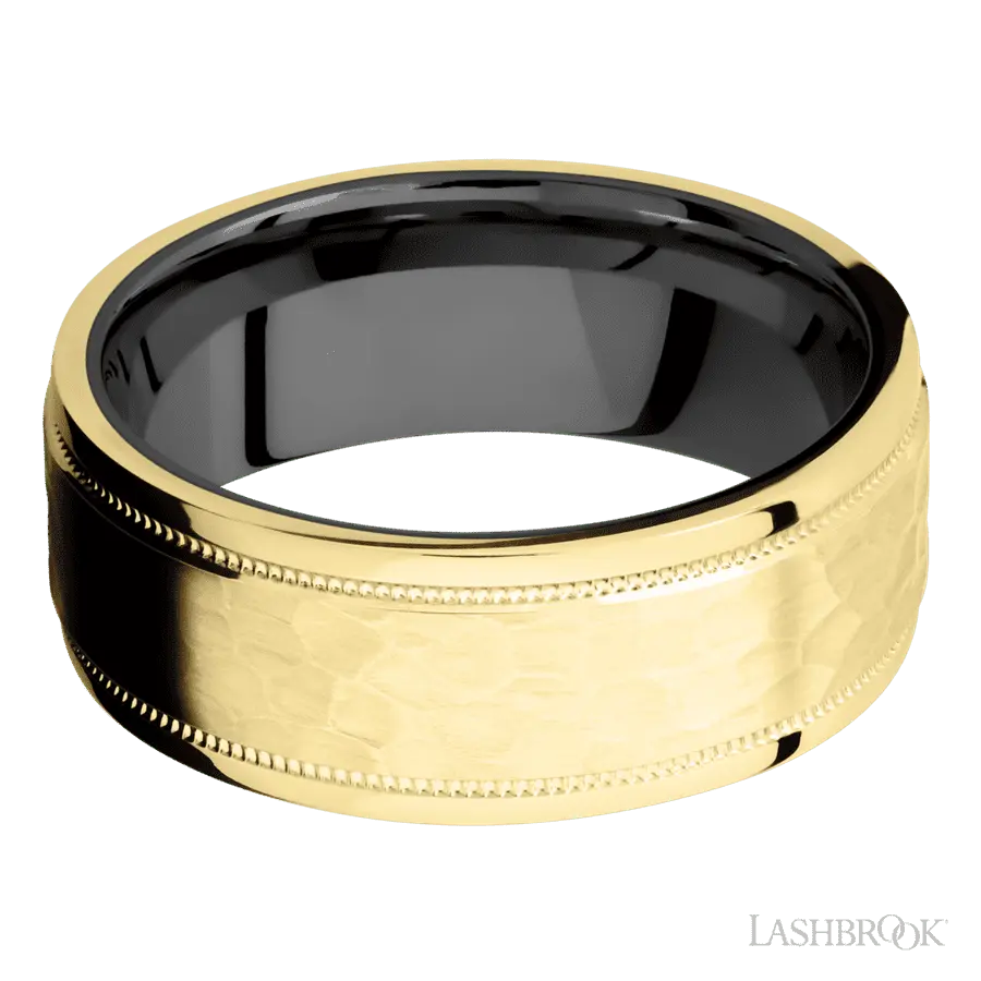 8 mm wide Flat Stepped Edges Milgrain 14K Yellow Gold band featuring a Zirconium sleeve.