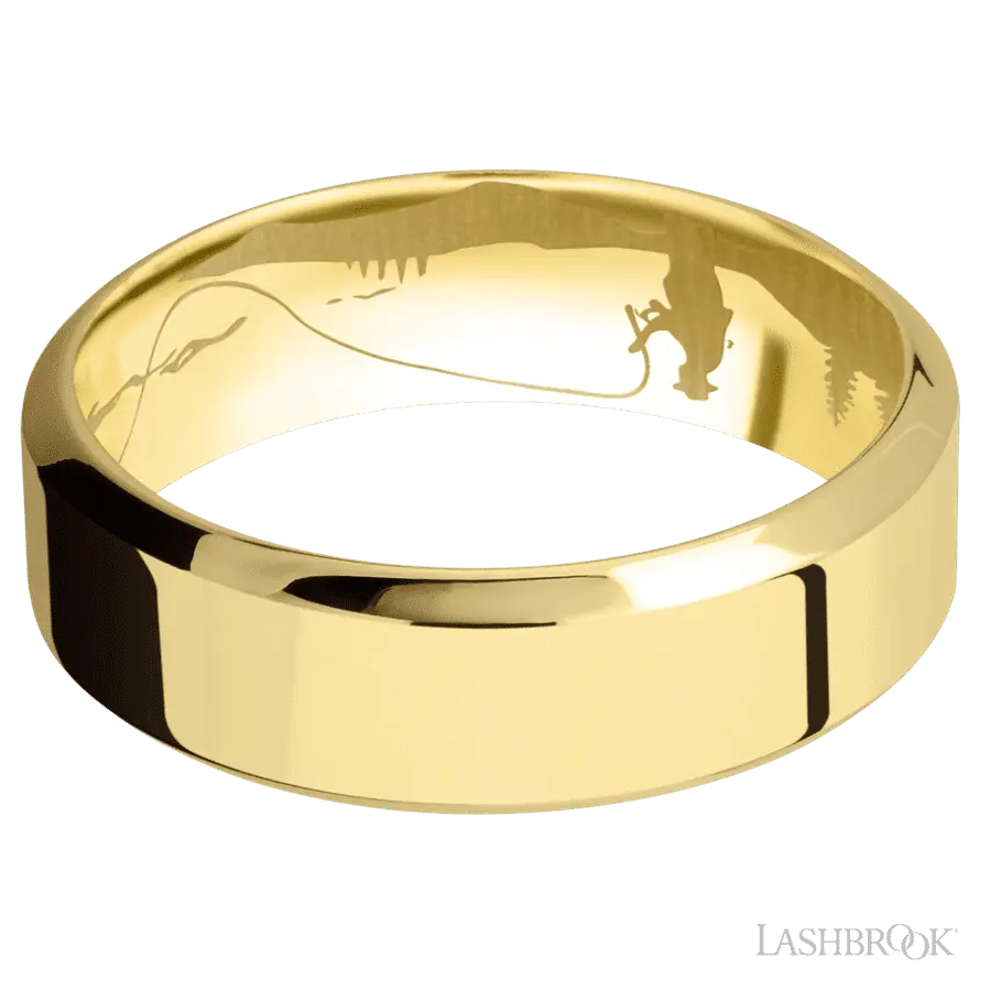 7 mm wide High Bevel 14K Yellow Gold band.