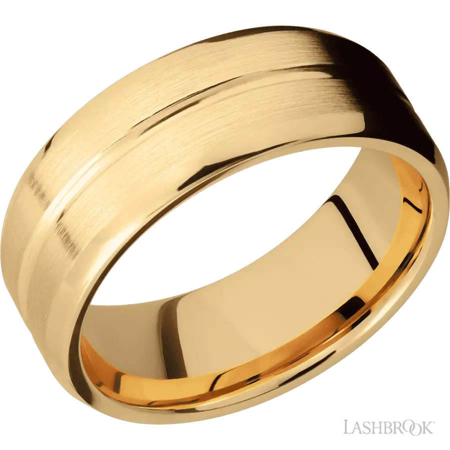 8 mm wide Beveled with Center Accent Groove 14K Yellow Gold band. Lashbrook