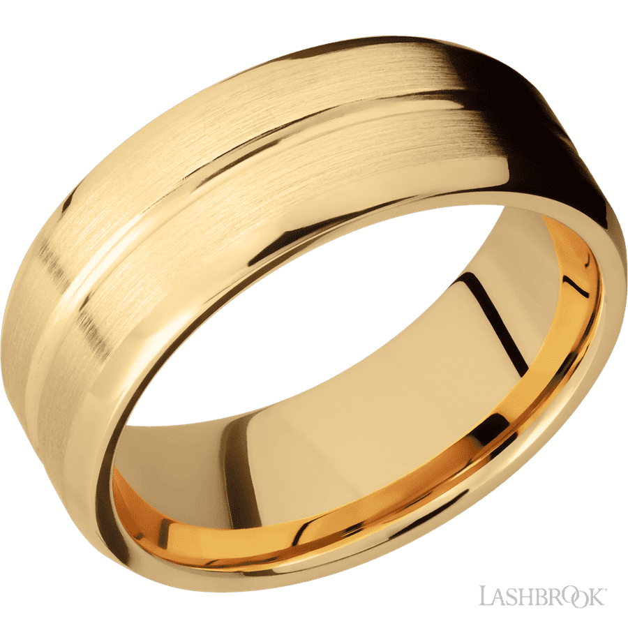 8 mm wide Beveled with Center Accent Groove 14K Yellow Gold band.