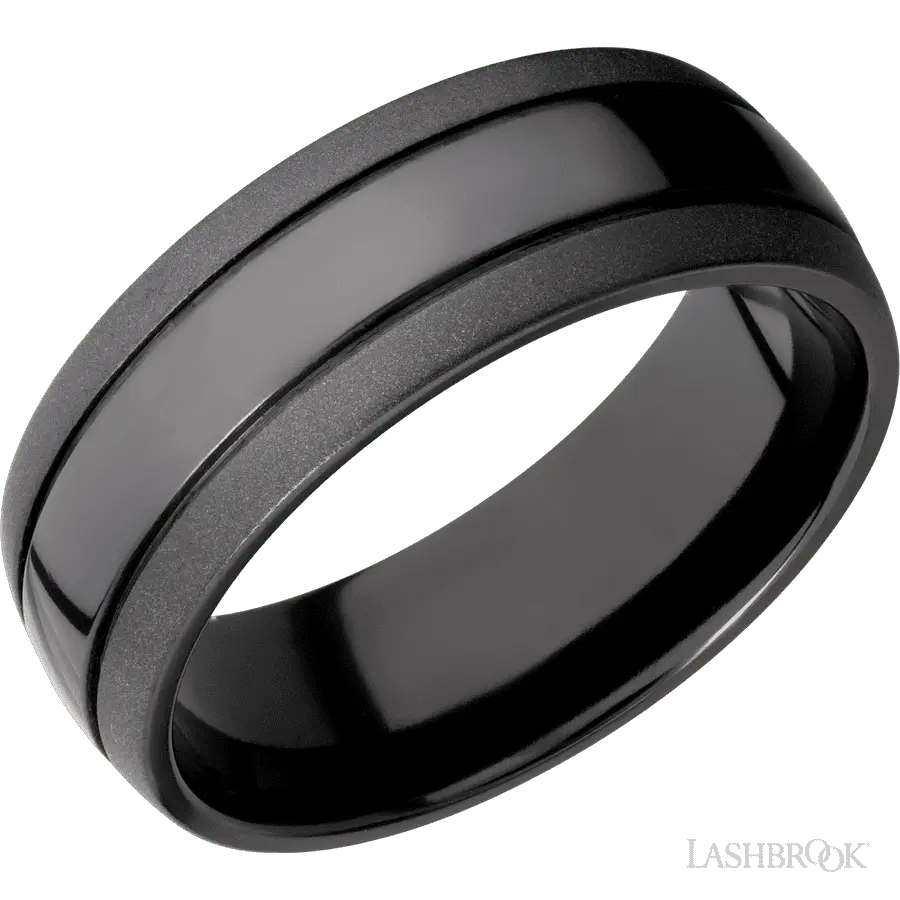 8 mm wide Domed with two accent grooves Zirconium band.