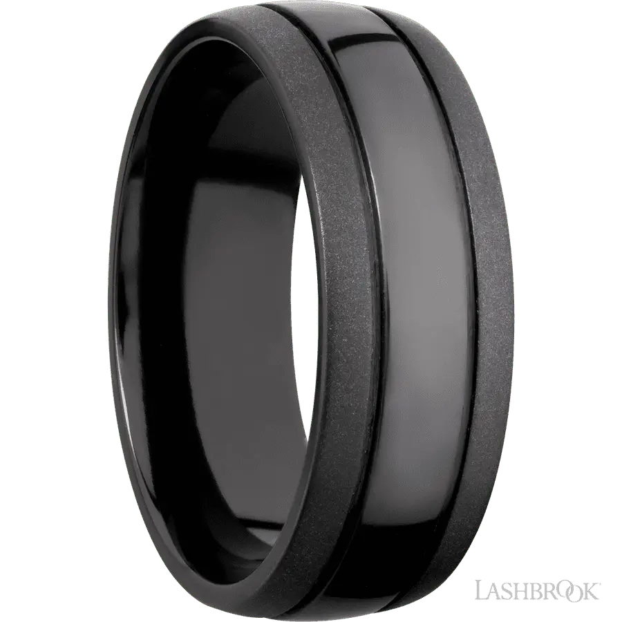8 mm wide Domed with two accent grooves Zirconium band.