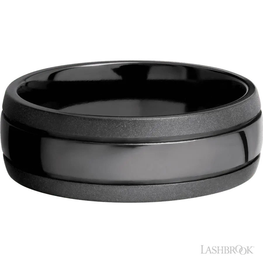 8 mm wide Domed with two accent grooves Zirconium band.