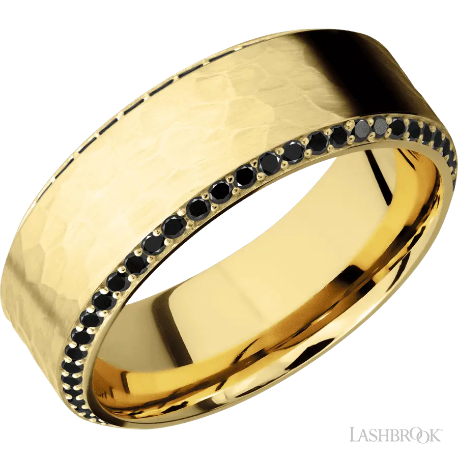 8 mm wide/High Bevel/14K Yellow Gold band with a Bevel Eternity arrangement of .01 carat Round Black Diamond stones in a Bead setting.