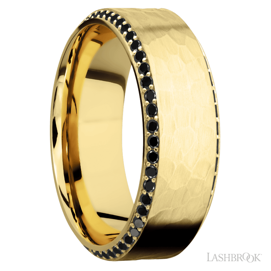 8 mm wide/High Bevel/14K Yellow Gold band with a Bevel Eternity arrangement of .01 carat Round Black Diamond stones in a Bead setting.