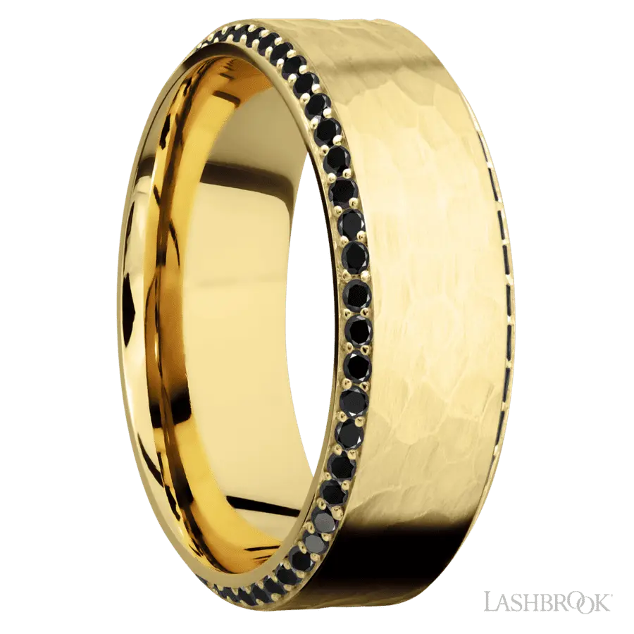 8 mm wide/High Bevel/14K Yellow Gold band with a Bevel Eternity arrangement of .01 carat Round Black Diamond stones in a Bead setting.