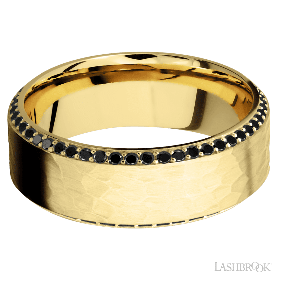 8 mm wide/High Bevel/14K Yellow Gold band with a Bevel Eternity arrangement of .01 carat Round Black Diamond stones in a Bead setting.