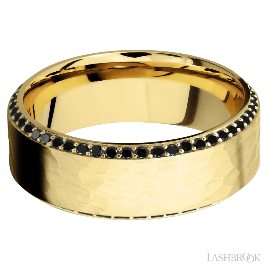 8 mm wide/High Bevel/14K Yellow Gold band with a Bevel Eternity arrangement of .01 carat Round Black Diamond stones in a Bead setting.
