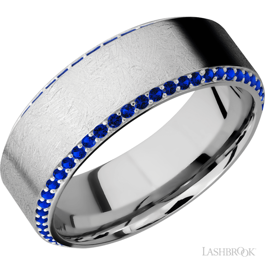 8 mm wide/High Bevel/14K White Gold band with a Bevel Eternity arrangement of .01 carat Round Sapphire stones in a Bead setting.