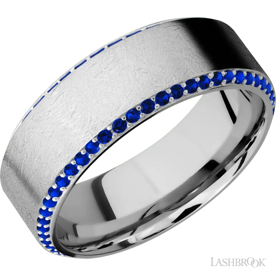 8 mm wide/High Bevel/14K White Gold band with a Bevel Eternity arrangement of .01 carat Round Sapphire stones in a Bead setting.