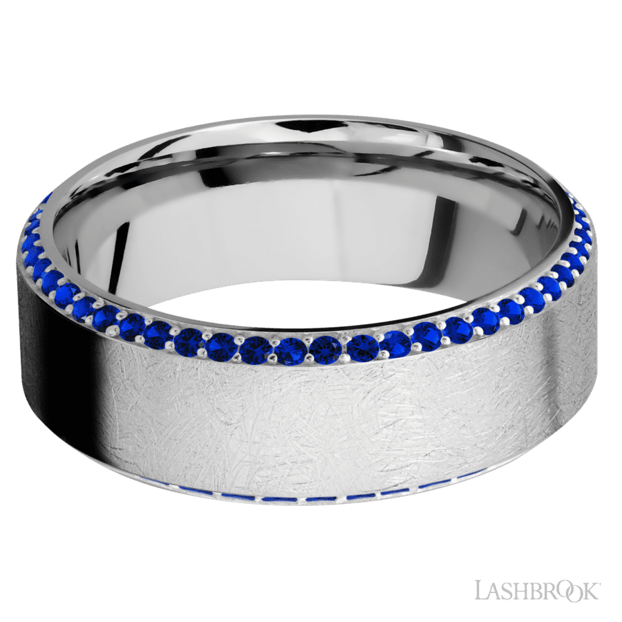 8 mm wide/High Bevel/14K White Gold band with a Bevel Eternity arrangement of .01 carat Round Sapphire stones in a Bead setting.