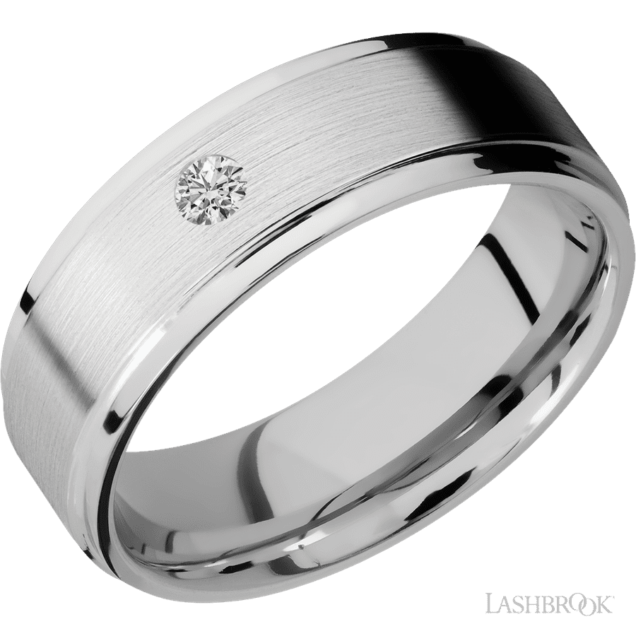 7 mm wide/Flat Grooved Edges/14K White Gold band with an arrangement of 1, .1 carat Round Diamond stones in a Flush setting.