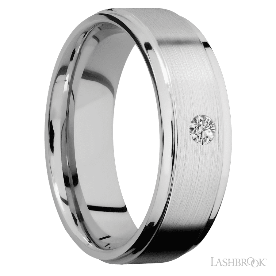 7 mm wide/Flat Grooved Edges/14K White Gold band with an arrangement of 1, .1 carat Round Diamond stones in a Flush setting.