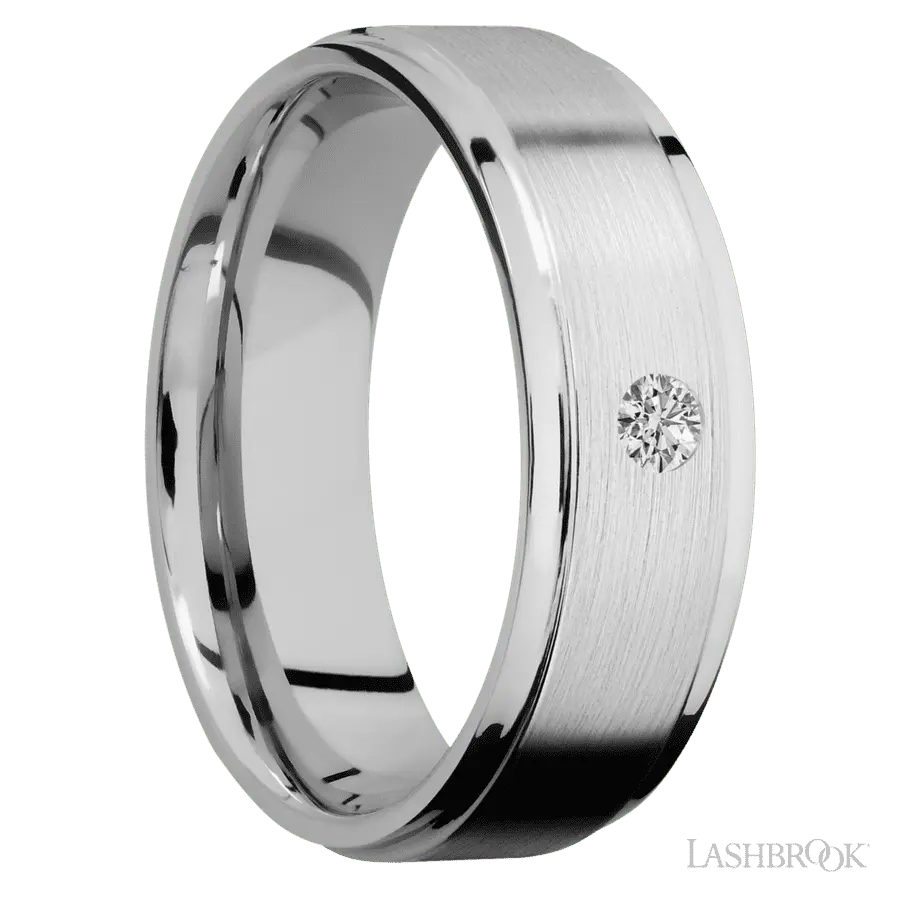 7 mm wide/Flat Grooved Edges/14K White Gold band with an arrangement of 1, .1 carat Round Diamond stones in a Flush setting.