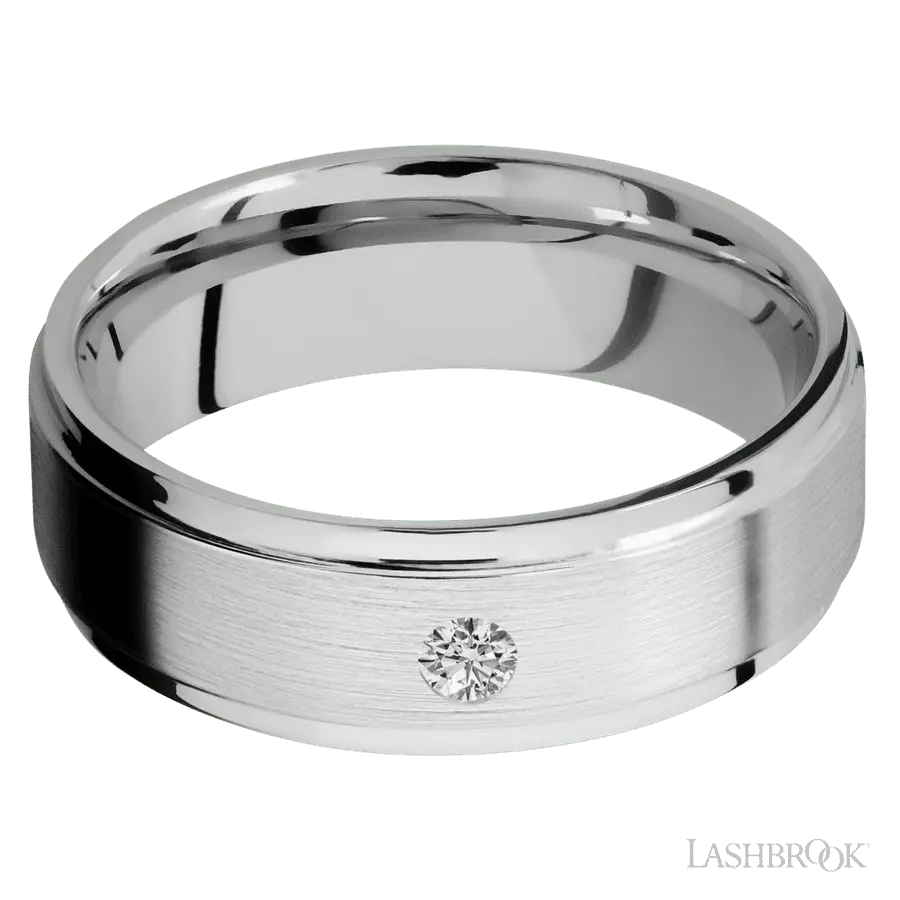 7 mm wide/Flat Grooved Edges/14K White Gold band with an arrangement of 1, .1 carat Round Diamond stones in a Flush setting.