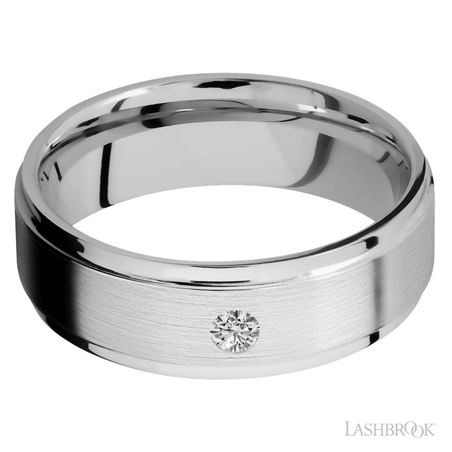 7 mm wide/Flat Grooved Edges/14K White Gold band with an arrangement of 1, .1 carat Round Diamond stones in a Flush setting.