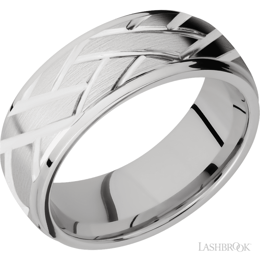 8 mm wide/Domed Stepped Down Edges/14K White Gold band with a machined Lattice pattern.