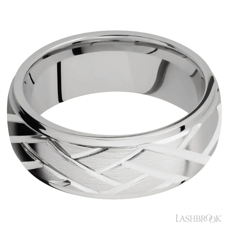 8 mm wide/Domed Stepped Down Edges/14K White Gold band with a machined Lattice pattern.