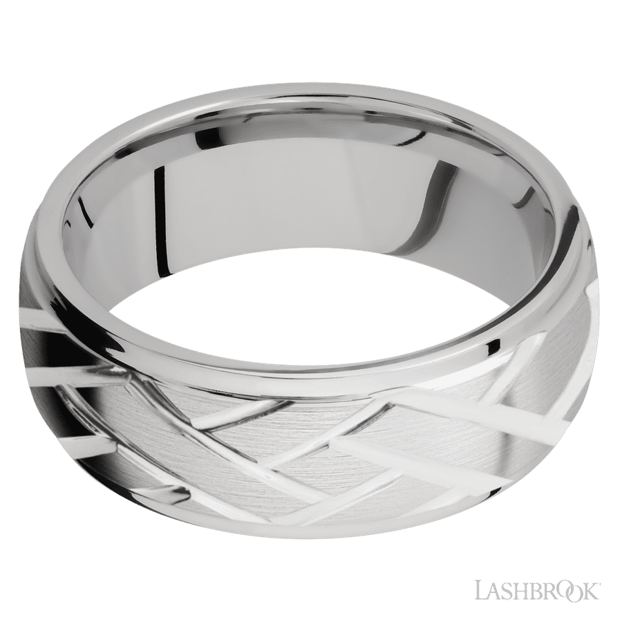 8 mm wide/Domed Stepped Down Edges/14K White Gold band with a machined Lattice pattern.