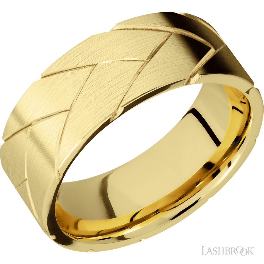 8 mm wide/Flat/14K Yellow Gold band with a machined Flatbraid pattern.