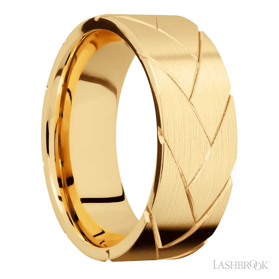 8 mm wide/Flat/14K Yellow Gold band with a machined Flatbraid pattern.