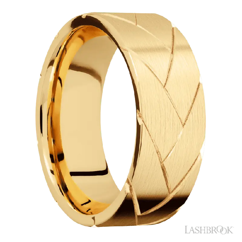 8 mm wide/Flat/14K Yellow Gold band with a machined Flatbraid pattern.