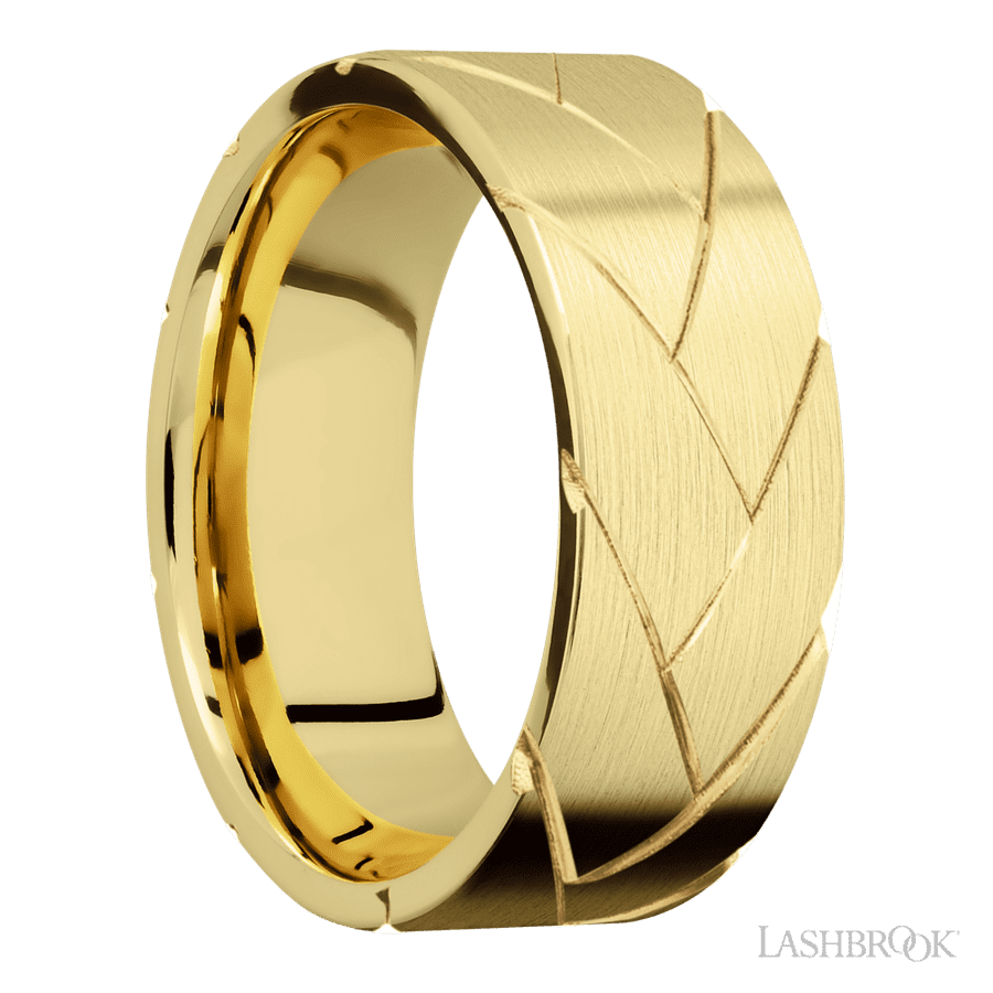 8 mm wide/Flat/14K Yellow Gold band with a machined Flatbraid pattern.