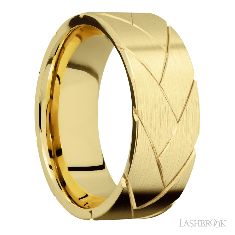 8 mm wide/Flat/14K Yellow Gold band with a machined Flatbraid pattern. Lashbrook