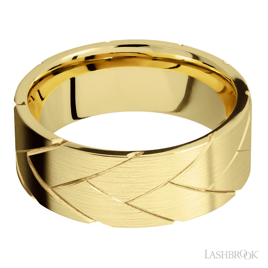 8 mm wide/Flat/14K Yellow Gold band with a machined Flatbraid pattern.
