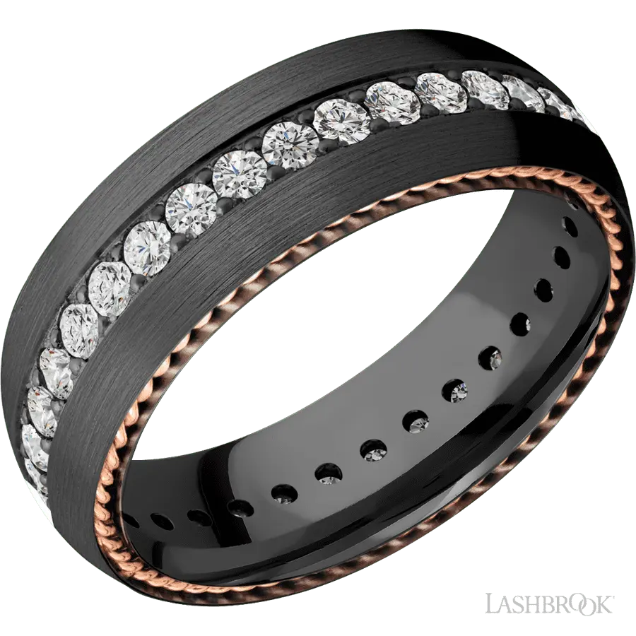 7 mm wide/Domed/Zirconium band with two 1 mm Sidebraid inlays of 14K Rose Gold and featuring an Eternity arrangement of .03 carat Round Lab Grown Diamond stones in a Bead setting
