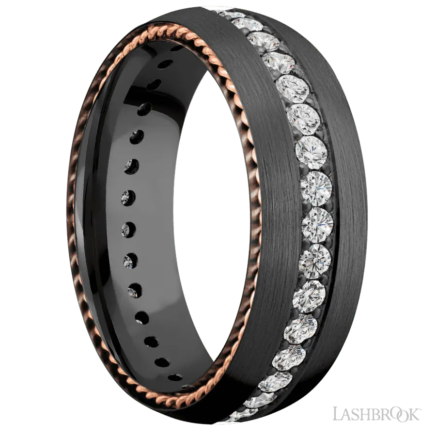 7 mm wide/Domed/Zirconium band with two 1 mm Sidebraid inlays of 14K Rose Gold and featuring an Eternity arrangement of .03 carat Round Lab Grown Diamond stones in a Bead setting