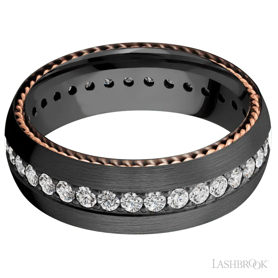 7 mm wide/Domed/Zirconium band with two 1 mm Sidebraid inlays of 14K Rose Gold and featuring an Eternity arrangement of .03 carat Round Lab Grown Diamond stones in a Bead setting