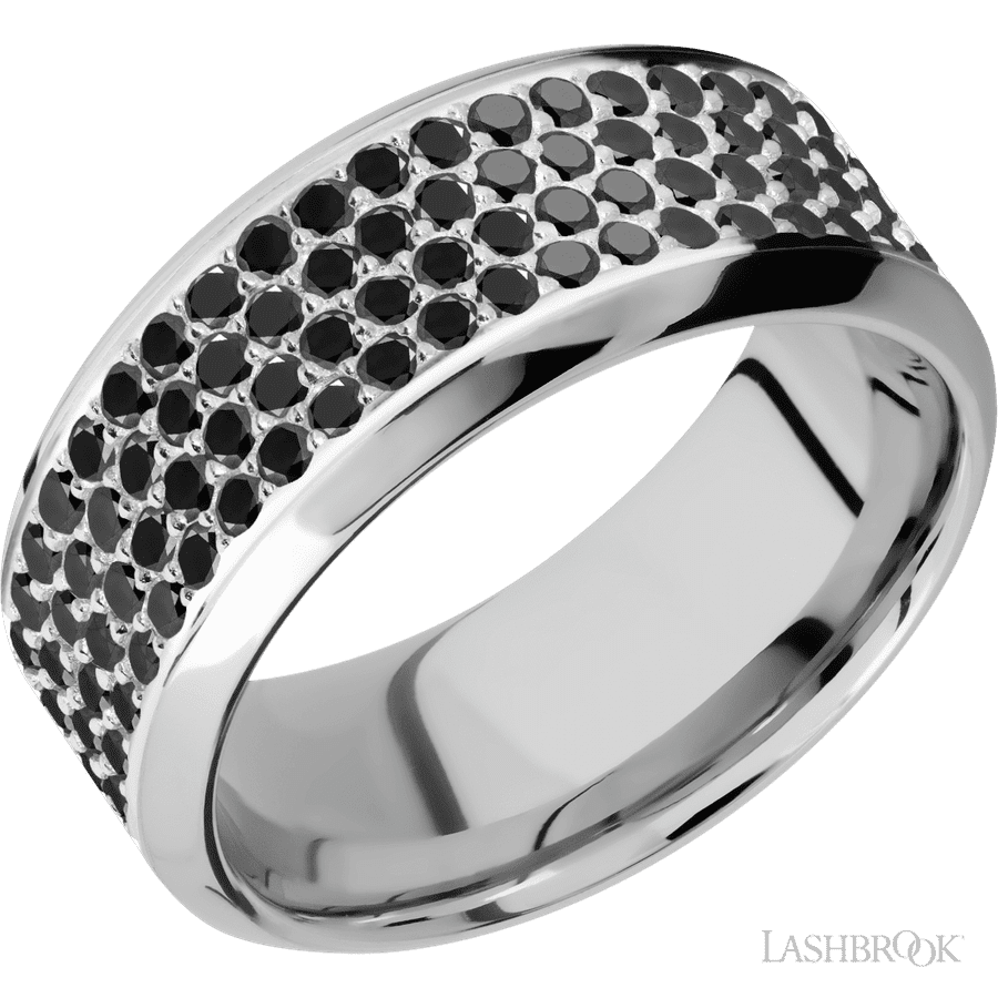 9 mm wide/High Bevel/14K White Gold band with a 4 Row Half Eternity arrangement of .015 carat Round Black Diamond stones in a Bead Channel setting.
