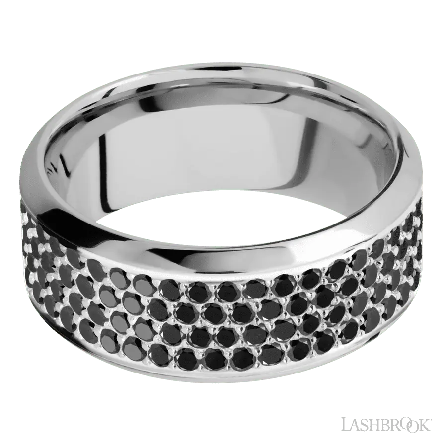 9 mm wide/High Bevel/14K White Gold band with a 4 Row Half Eternity arrangement of .015 carat Round Black Diamond stones in a Bead Channel setting.