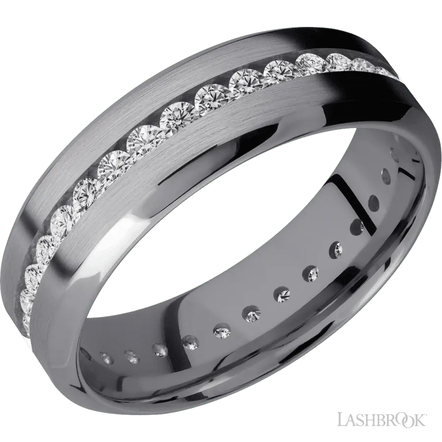 7 mm wide/High Bevel/Tantalum band with an Eternity arrangement of .03 carat Round Lab Grown Diamond stones in a Channel setting.