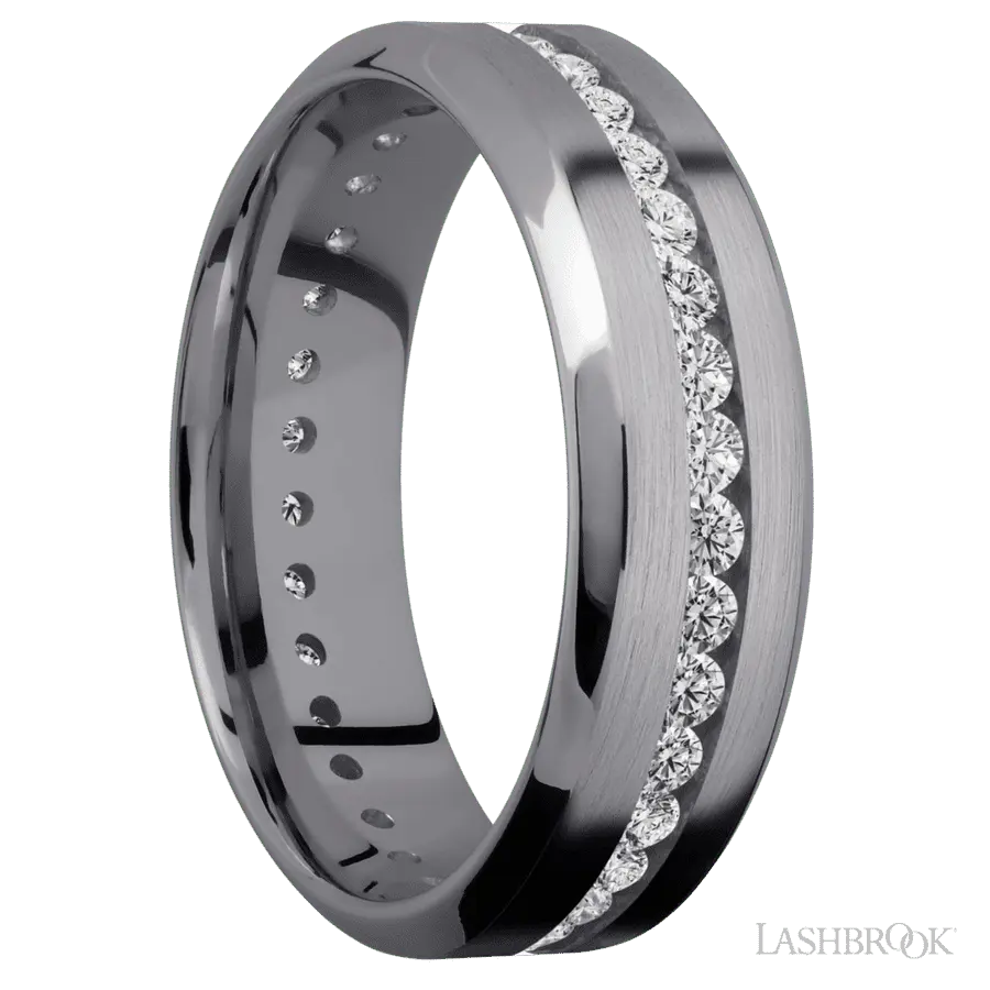 7 mm wide/High Bevel/Tantalum band with an Eternity arrangement of .03 carat Round Lab Grown Diamond stones in a Channel setting.