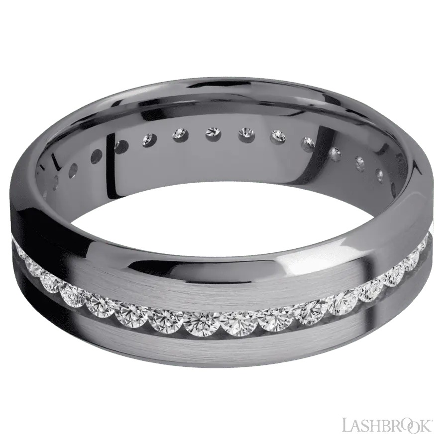 7 mm wide/High Bevel/Tantalum band with an Eternity arrangement of .03 carat Round Lab Grown Diamond stones in a Channel setting.