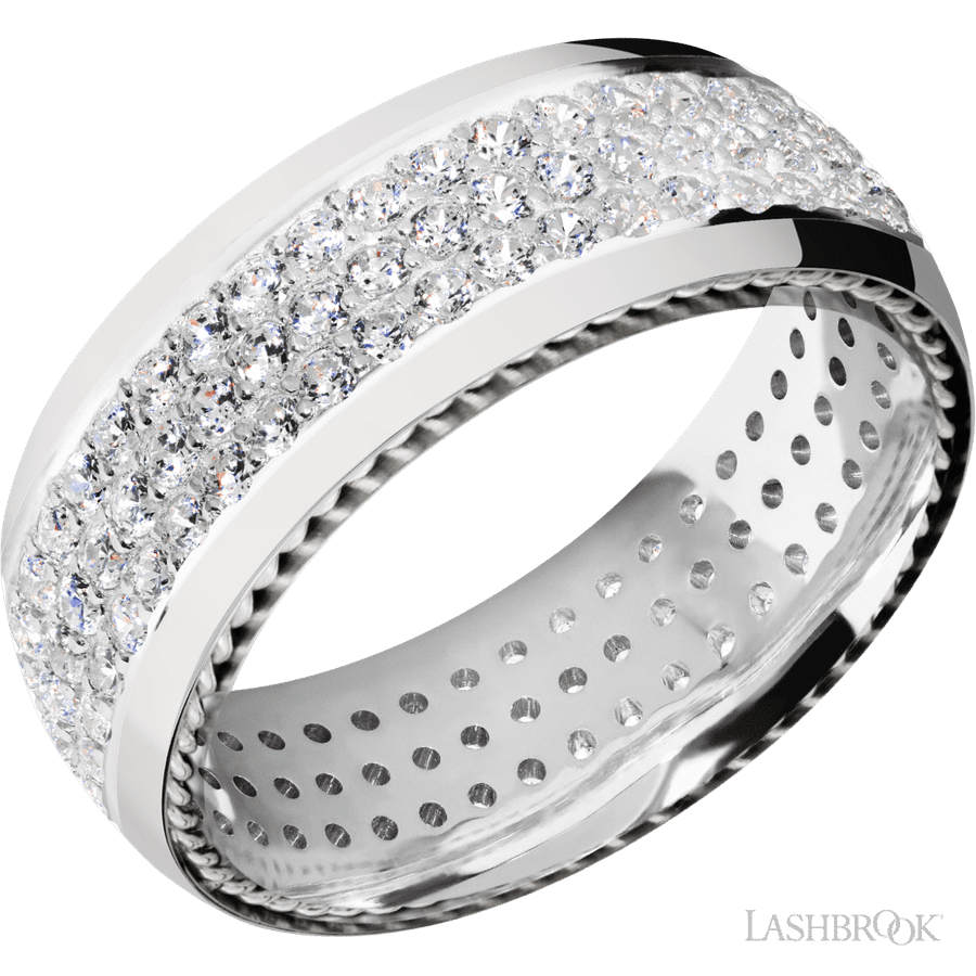 8 mm wide/Domed/14K White Gold band with two 1 mm Sidebraid inlays of 14K White Gold and featuring a 3 Row Eternity arrangement of .015 carat Round Diamond stones in a Bead Channel setting