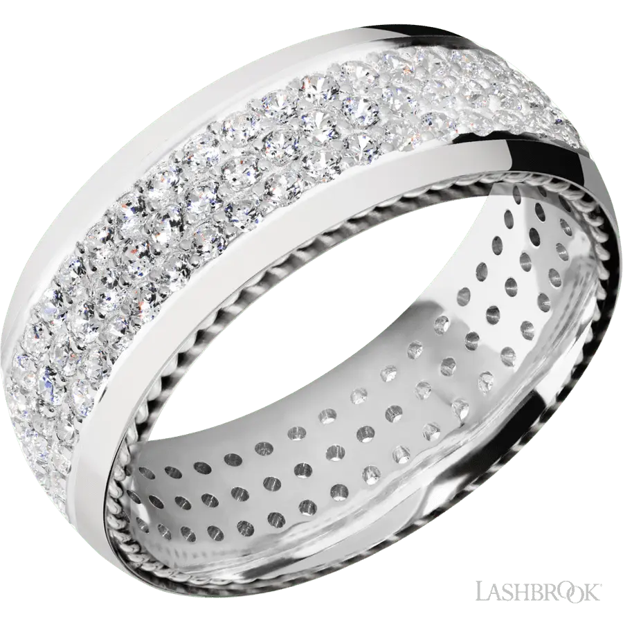 8 mm wide/Domed/14K White Gold band with two 1 mm Sidebraid inlays of 14K White Gold and featuring a 3 Row Eternity arrangement of .015 carat Round Diamond stones in a Bead Channel setting