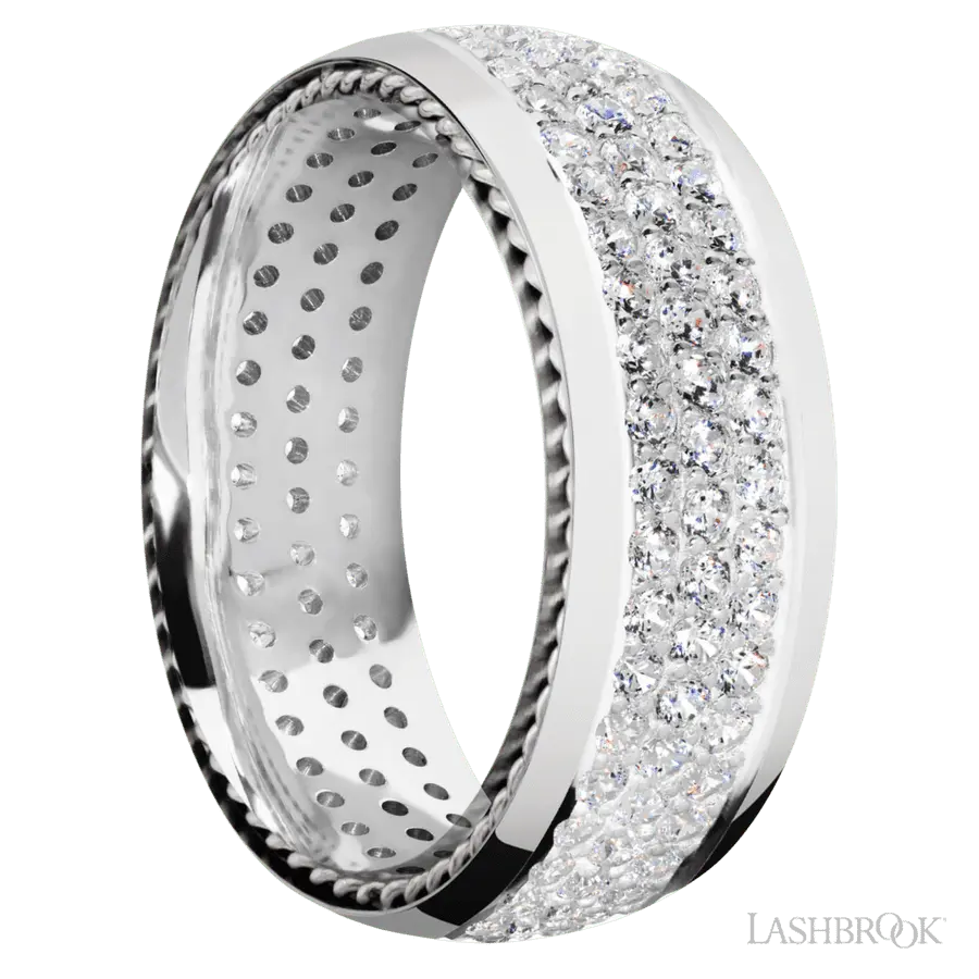 8 mm wide/Domed/14K White Gold band with two 1 mm Sidebraid inlays of 14K White Gold and featuring a 3 Row Eternity arrangement of .015 carat Round Diamond stones in a Bead Channel setting