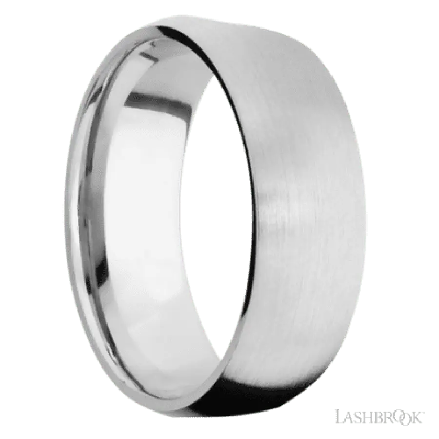 8 mm wide/Domed/14K White Gold band with two 1 mm Sidebraid inlays of 14K White Gold and featuring a 3 Row Eternity arrangement of .015 carat Round Diamond stones in a Bead Channel setting