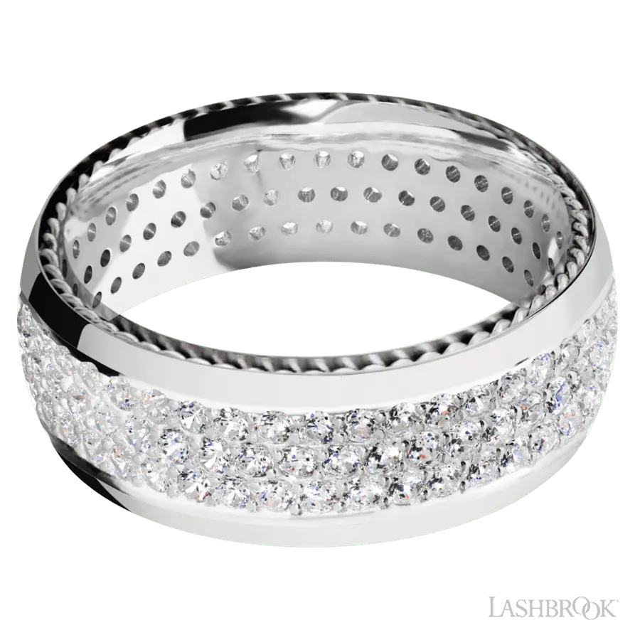 8 mm wide/Domed/14K White Gold band with two 1 mm Sidebraid inlays of 14K White Gold and featuring a 3 Row Eternity arrangement of .015 carat Round Diamond stones in a Bead Channel setting